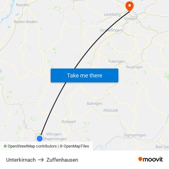 Unterkirnach to Zuffenhausen map