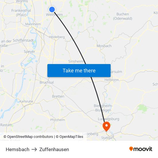Hemsbach to Zuffenhausen map