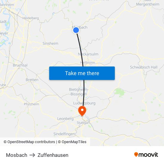 Mosbach to Zuffenhausen map