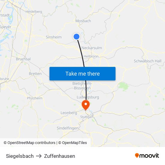 Siegelsbach to Zuffenhausen map