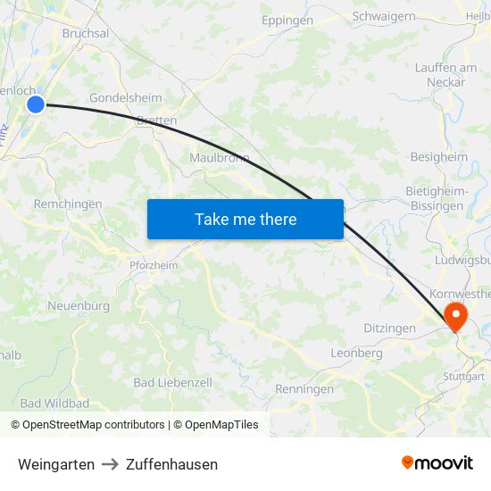 Weingarten to Zuffenhausen map
