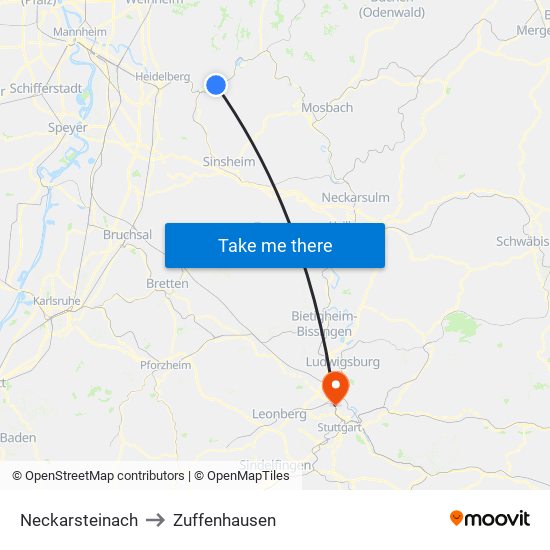 Neckarsteinach to Zuffenhausen map