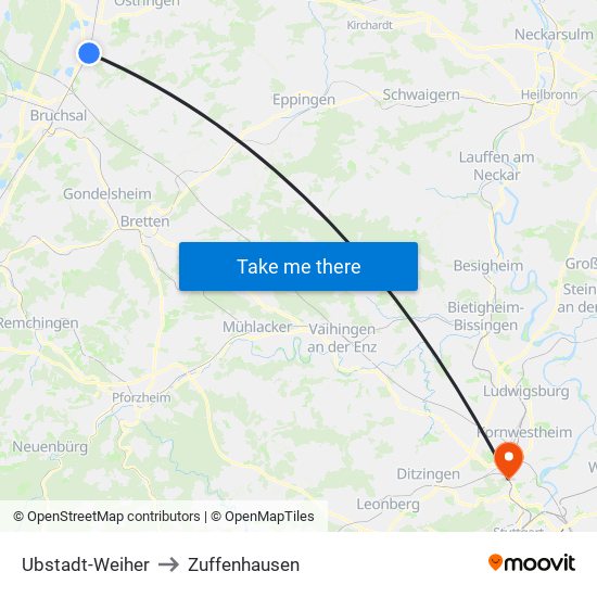 Ubstadt-Weiher to Zuffenhausen map