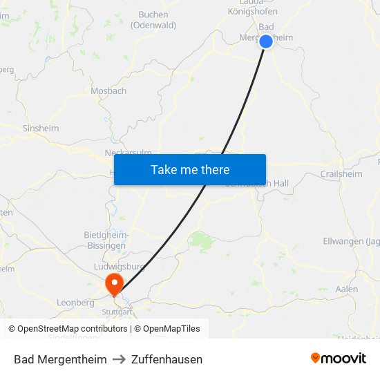 Bad Mergentheim to Zuffenhausen map
