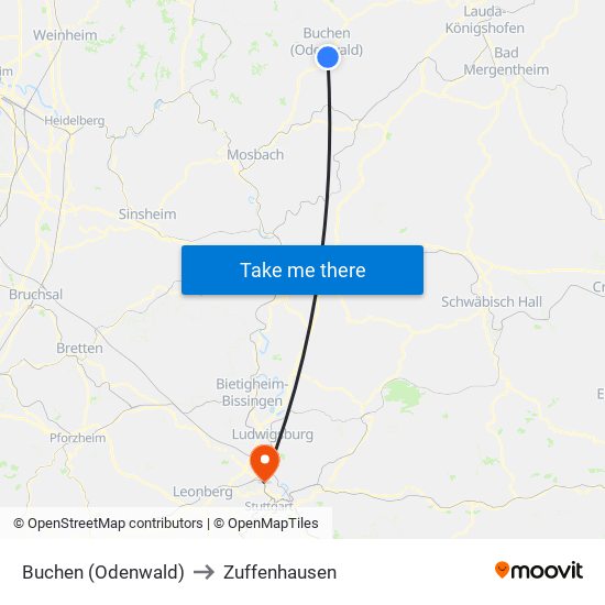 Buchen (Odenwald) to Zuffenhausen map