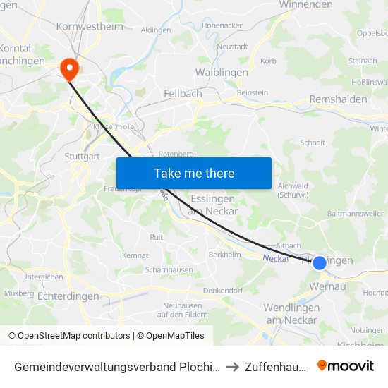 Gemeindeverwaltungsverband Plochingen to Zuffenhausen map