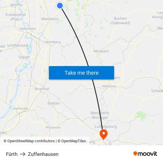 Fürth to Zuffenhausen map