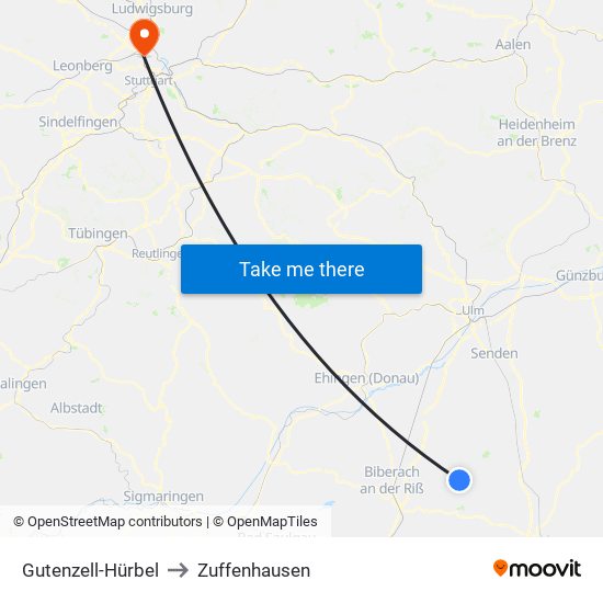 Gutenzell-Hürbel to Zuffenhausen map