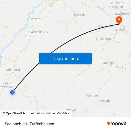 Seelbach to Zuffenhausen map