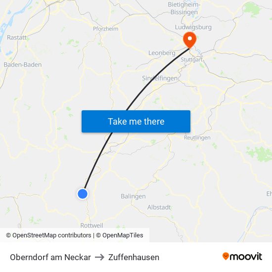 Oberndorf am Neckar to Zuffenhausen map
