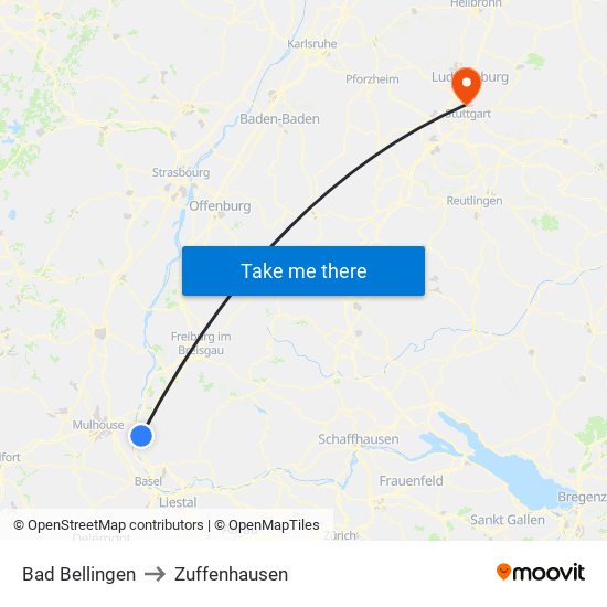 Bad Bellingen to Zuffenhausen map