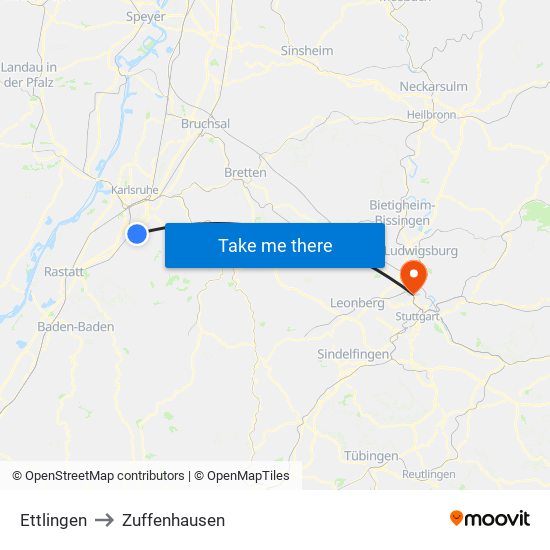 Ettlingen to Zuffenhausen map