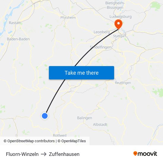 Fluorn-Winzeln to Zuffenhausen map