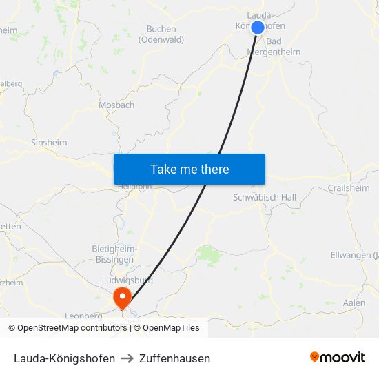 Lauda-Königshofen to Zuffenhausen map