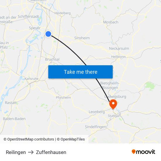 Reilingen to Zuffenhausen map