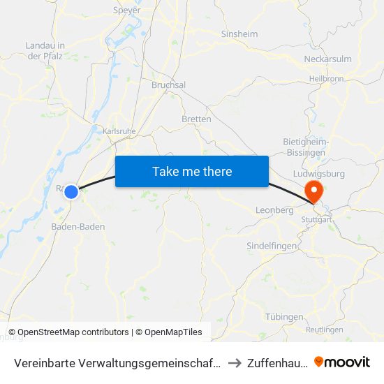 Vereinbarte Verwaltungsgemeinschaft Rastatt to Zuffenhausen map