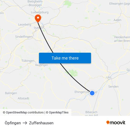 Öpfingen to Zuffenhausen map