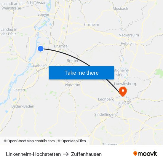Linkenheim-Hochstetten to Zuffenhausen map