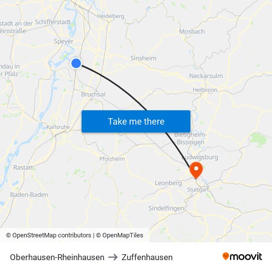 Oberhausen-Rheinhausen to Zuffenhausen map