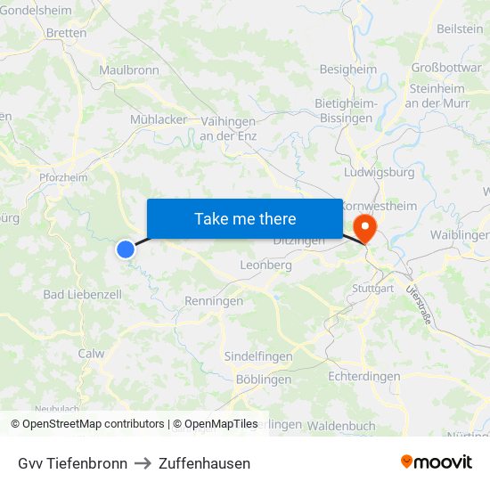 Gvv Tiefenbronn to Zuffenhausen map