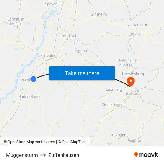 Muggensturm to Zuffenhausen map