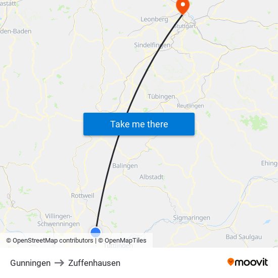 Gunningen to Zuffenhausen map