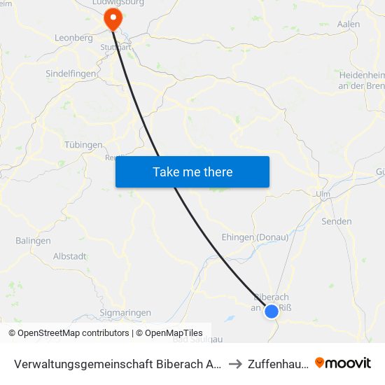 Verwaltungsgemeinschaft Biberach An Der Riß to Zuffenhausen map
