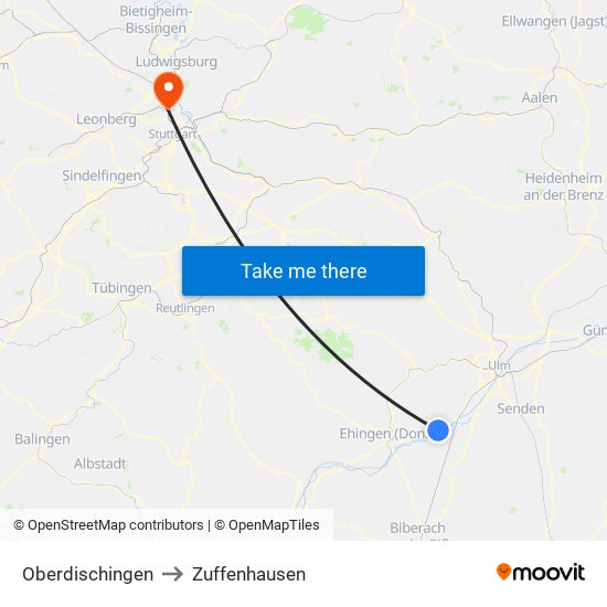 Oberdischingen to Zuffenhausen map