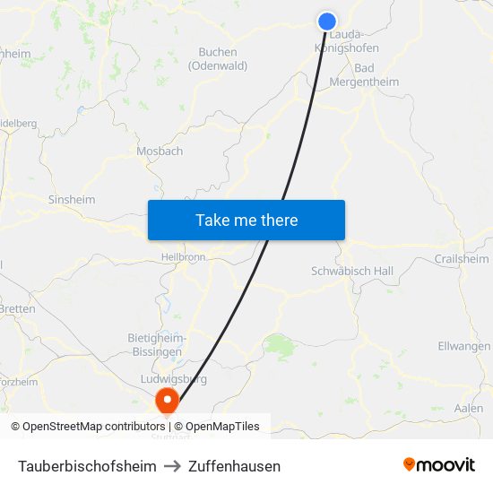 Tauberbischofsheim to Zuffenhausen map