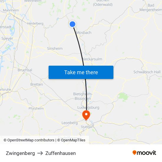 Zwingenberg to Zuffenhausen map
