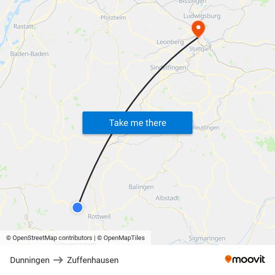 Dunningen to Zuffenhausen map