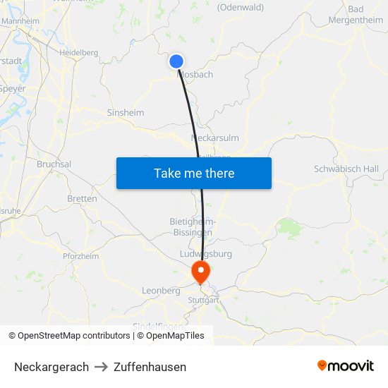 Neckargerach to Zuffenhausen map