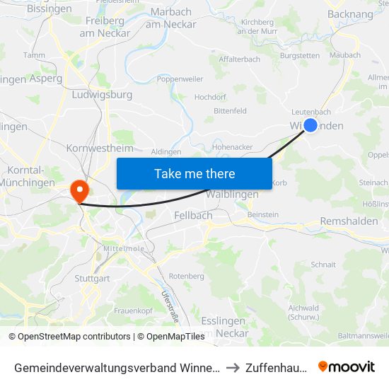 Gemeindeverwaltungsverband Winnenden to Zuffenhausen map