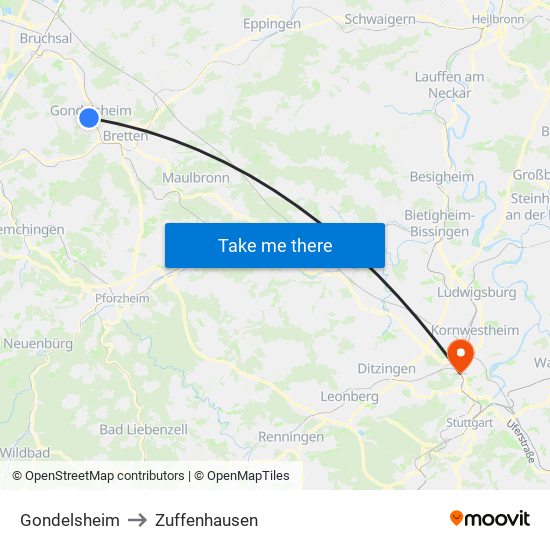 Gondelsheim to Zuffenhausen map