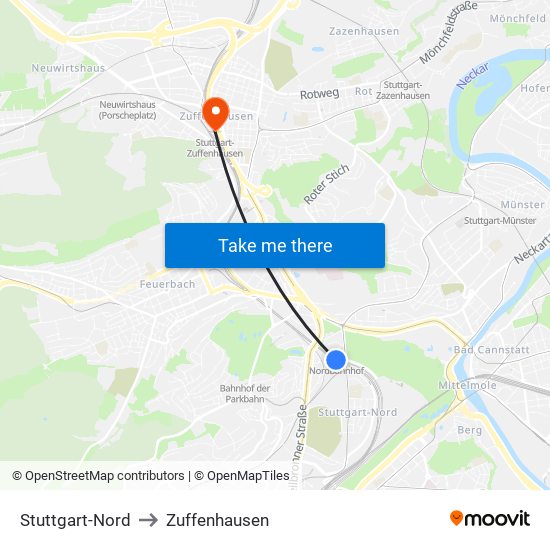 Stuttgart-Nord to Zuffenhausen map