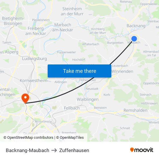 Backnang-Maubach to Zuffenhausen map
