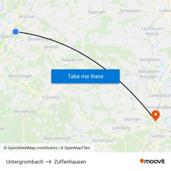 Untergrombach to Zuffenhausen map