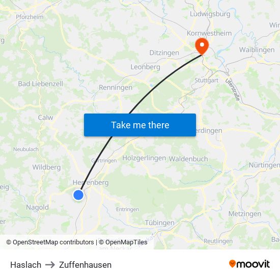 Haslach to Zuffenhausen map