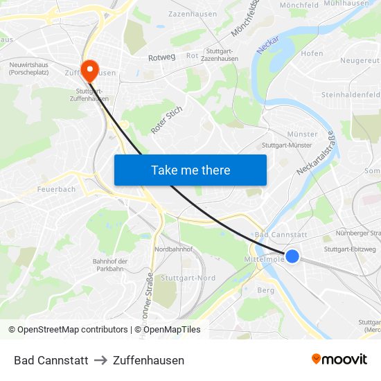 Bad Cannstatt to Zuffenhausen map