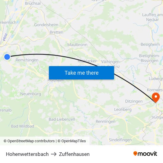 Hohenwettersbach to Zuffenhausen map