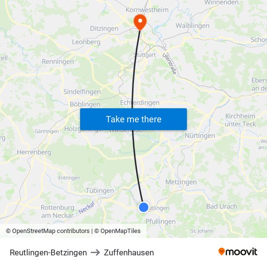 Reutlingen-Betzingen to Zuffenhausen map