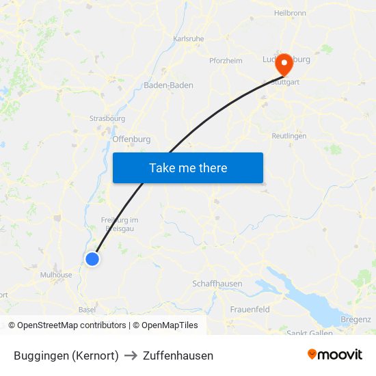 Buggingen (Kernort) to Zuffenhausen map