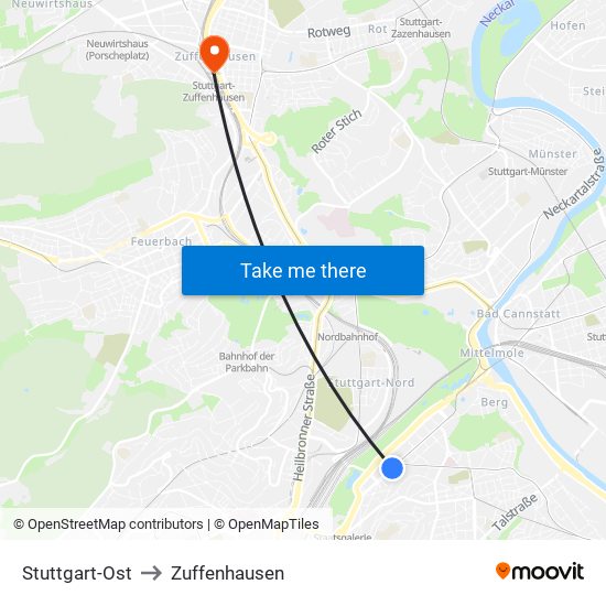Stuttgart-Ost to Zuffenhausen map