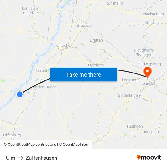 Ulm to Zuffenhausen map