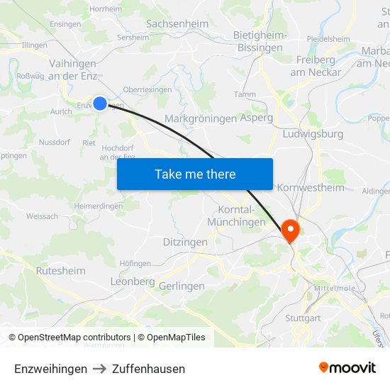 Enzweihingen to Zuffenhausen map
