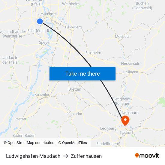 Ludwigshafen-Maudach to Zuffenhausen map