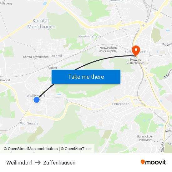 Weilimdorf to Zuffenhausen map