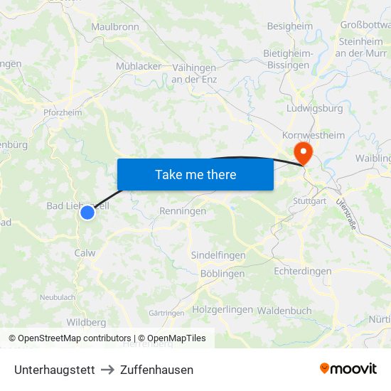 Unterhaugstett to Zuffenhausen map