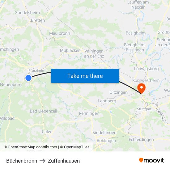 Büchenbronn to Zuffenhausen map