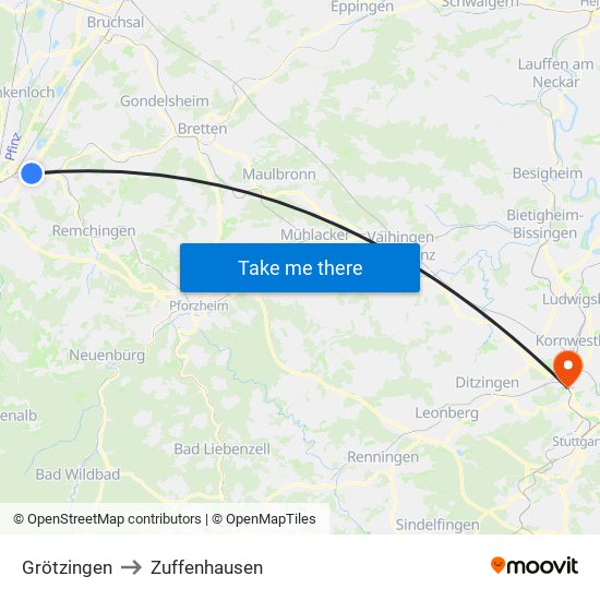 Grötzingen to Zuffenhausen map
